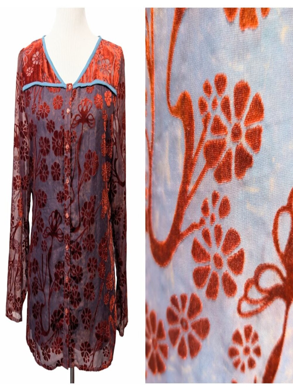 Sundance Womens Size M Burnt Red Blue Velvet Floral Burnout Button Up Blouse Top